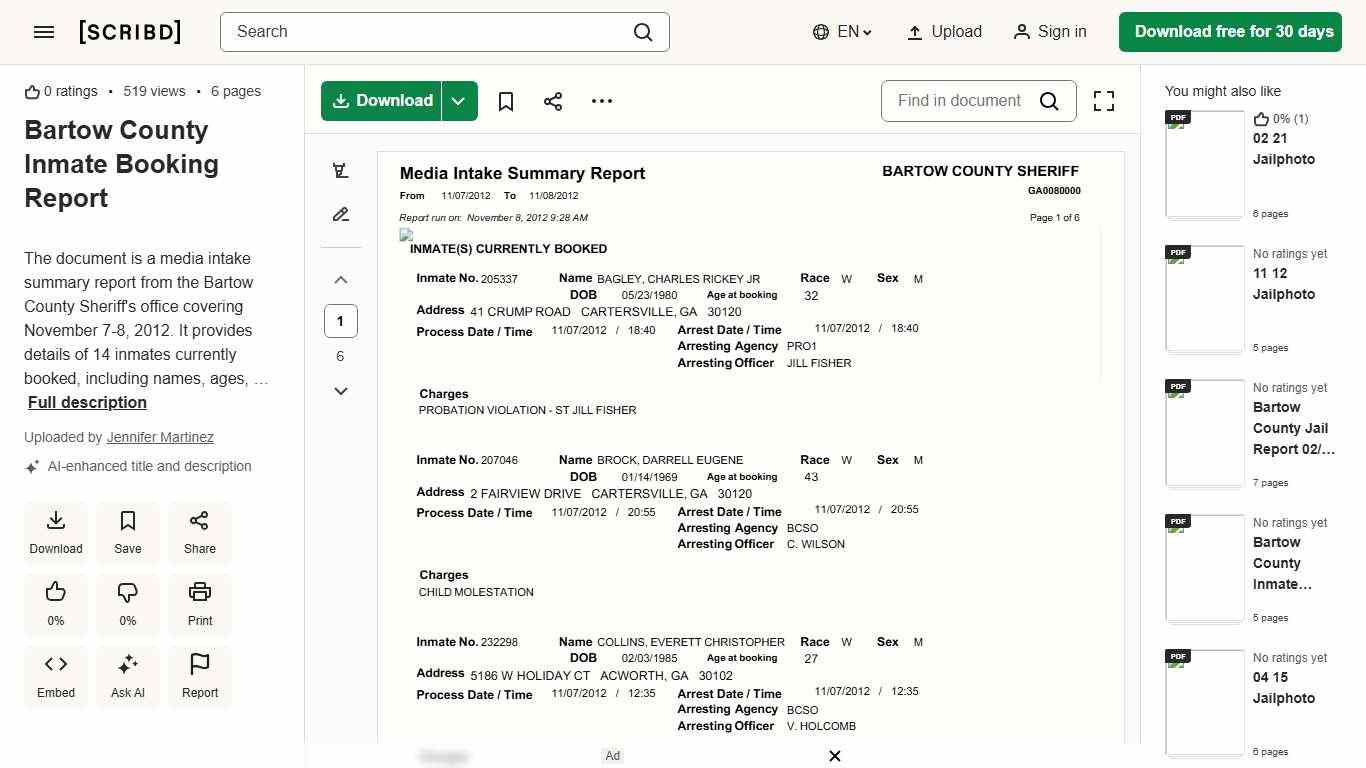 Bartow County Inmate Booking Report | PDF | Violent Crime | Criminal Law